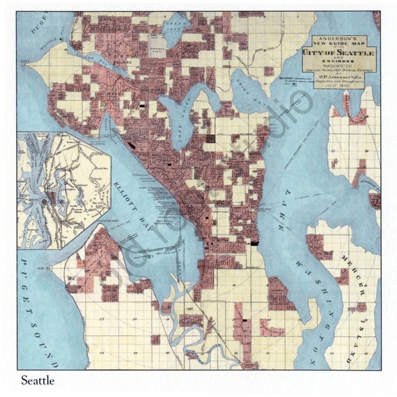 Hand Painted Map Of Seattle Washington 1890   By Oldrootstudio