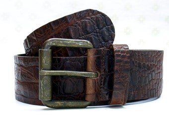 Leather belt denim fullgrain vintage washed old brass roller buckle cow leather kroko embossing tooled leather durable leather belt