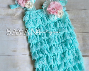 baby lace romper, 3pcs set, aqua pink lace romper set. Lace Petti Romper , headband and clip, Baby Girl Photo Prop #