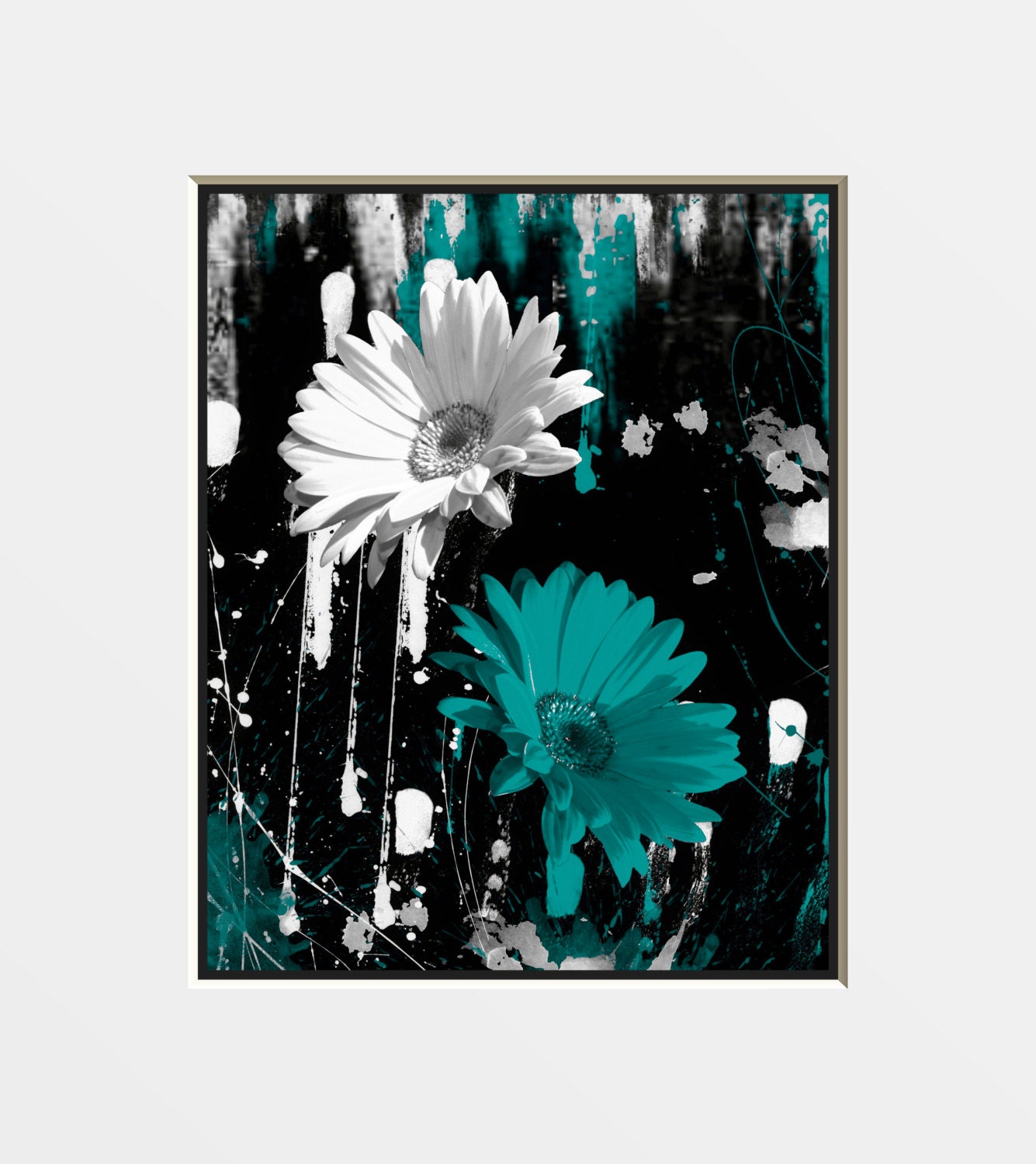 Black White Teal Wall Art Photography Daisy Flower Modern