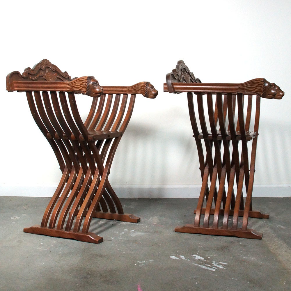 Carved Lion Chairs / X Frame Folding Savonarola Slat Chairs