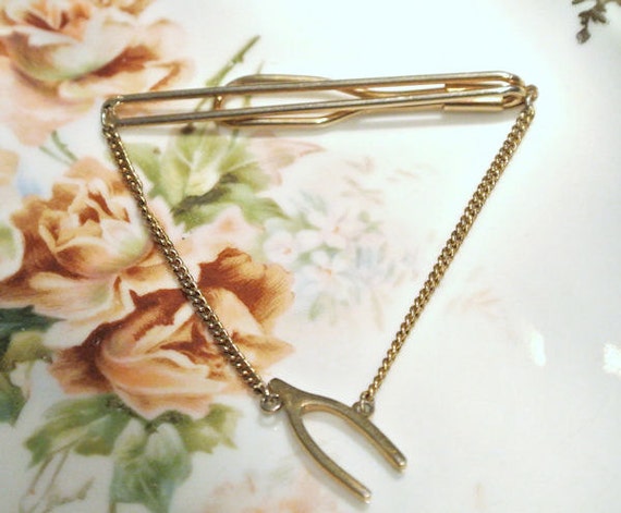 Vintage Swank Tie Clip Bar Clasp with Chain Wishbone1950s 50s Mid Century Wedding Groom Formal Black Tie Event Evening Tuxedo Mens Jewelry