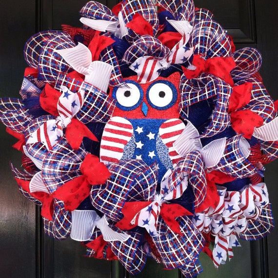 Large Mesh Ribbon Wreath Memorial Day Independence Day Labor Day Patriotic Red White Blue Stars and Stripes Owl Wreath