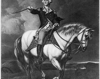 President George Washington riding a Pterodactyl Dinosaur