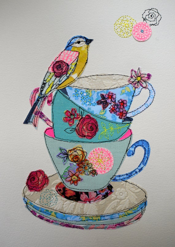 Tea cup Stack & Bird- stitched mixed media original art
