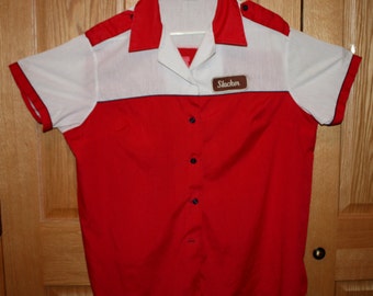 vintage King Louie Woman's bowling shirt size 46, made in USA, red and white