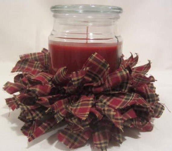 Rag Candle Wreath Ring Homespun Red Check Plaid Primitive Western