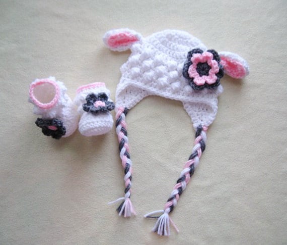 Crochet sheep hat and booties set