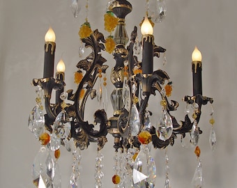 Chandelier Lighting 21" x 32" BRASS 5 Light CRYSTAL CHANDELIER Czech Amber Grapes ~ Black Gold Accents ~ Swarovski - Custom Lighting Ooak
