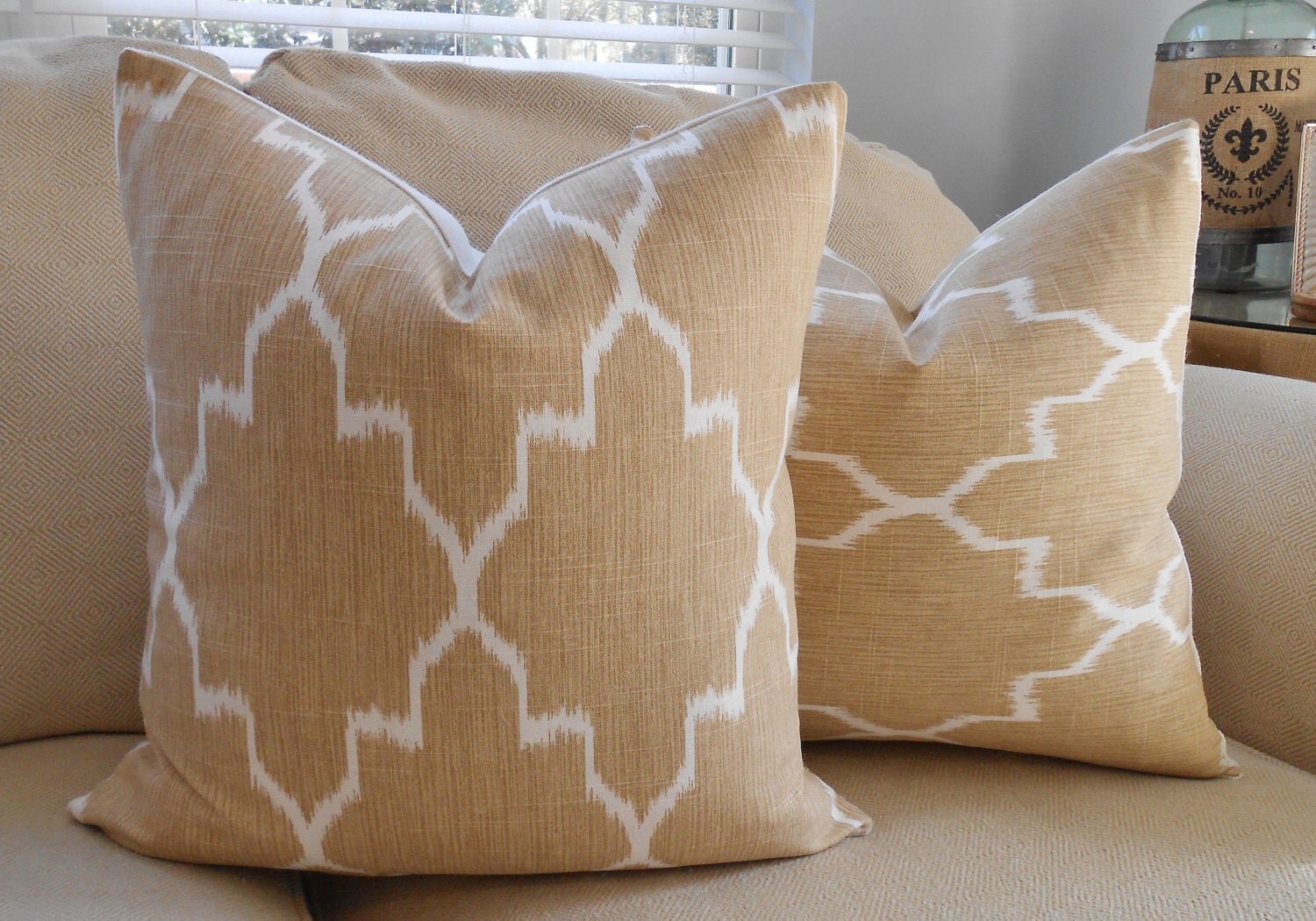 Monaco Ikat Straw fabric and off white burlap pillow cover