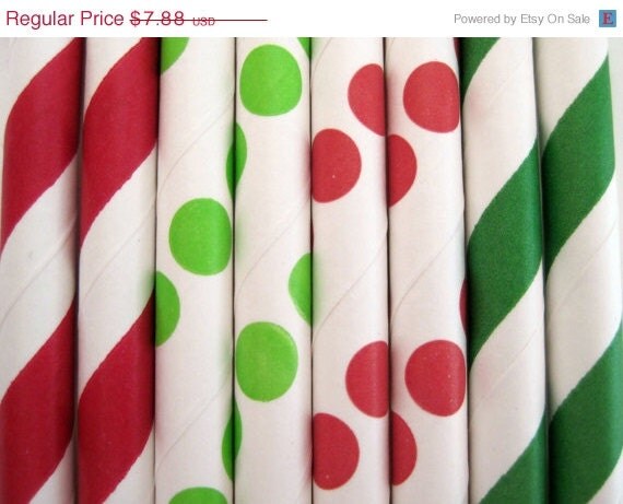 15% off - 50 Christmas Red and Green Paper Straw Mix - Stripe & Dot - ships less than 24 hours Il_570xn