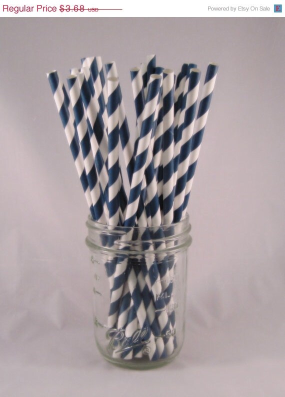 ON SALE - 25 Navy Blue Stripe Straws - ships less than 24 hours Il_570xn