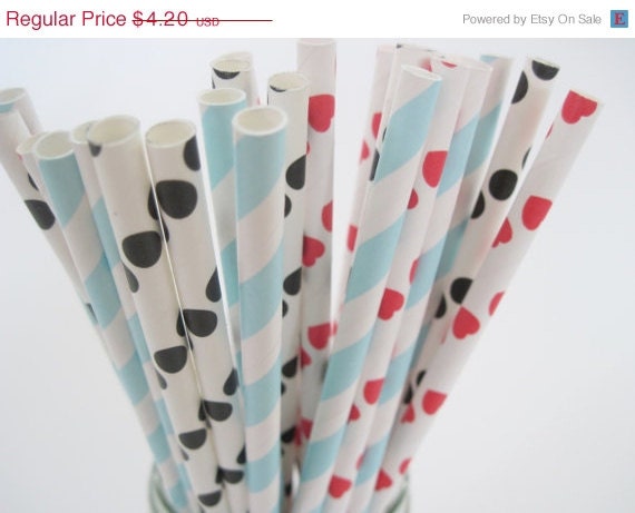 ON SALE - 25 Alice in Wonderland Paper Straw Mix - Red Heart, Black Dot, light Blue Stripe - ships less than 24 hours Il_570xn