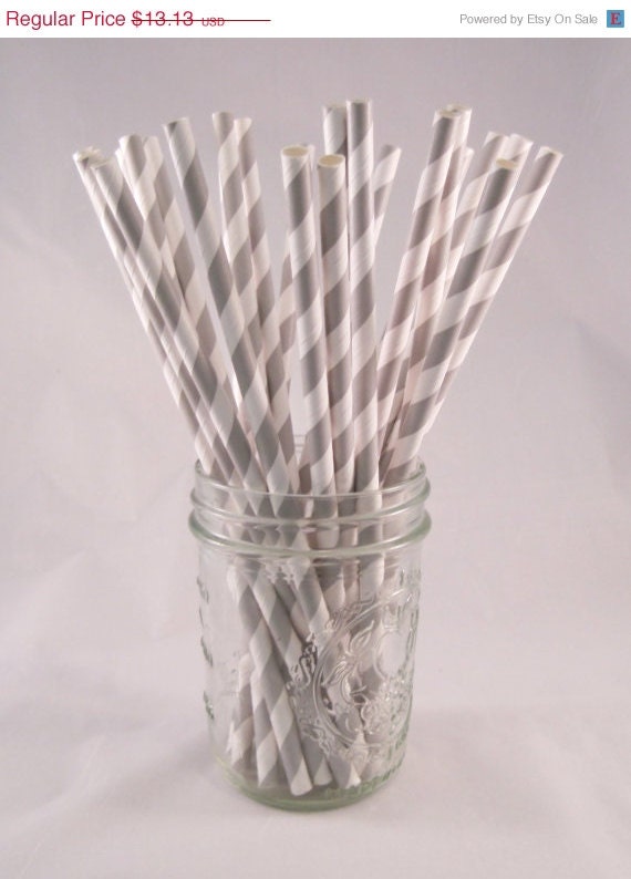 ON SALE 100 Grey / Silver Stripe Straws - ships less than 24 hours Il_570xn