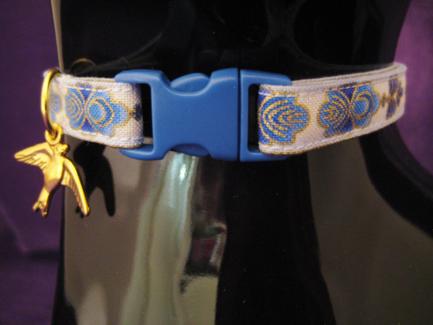Cat Collar Bastet Egyptian Fan Blue with Gold Metallic