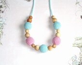 Mint blue pink Mini Nursing Necklace with natural juniper beads  Crochet Necklace Eco friendly