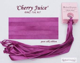 Hand dyed 13mm wide pure silk ribbon, soie ruban - 'Cherry Juice'