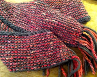 Grey and pinks hand knit fringed wool scarf