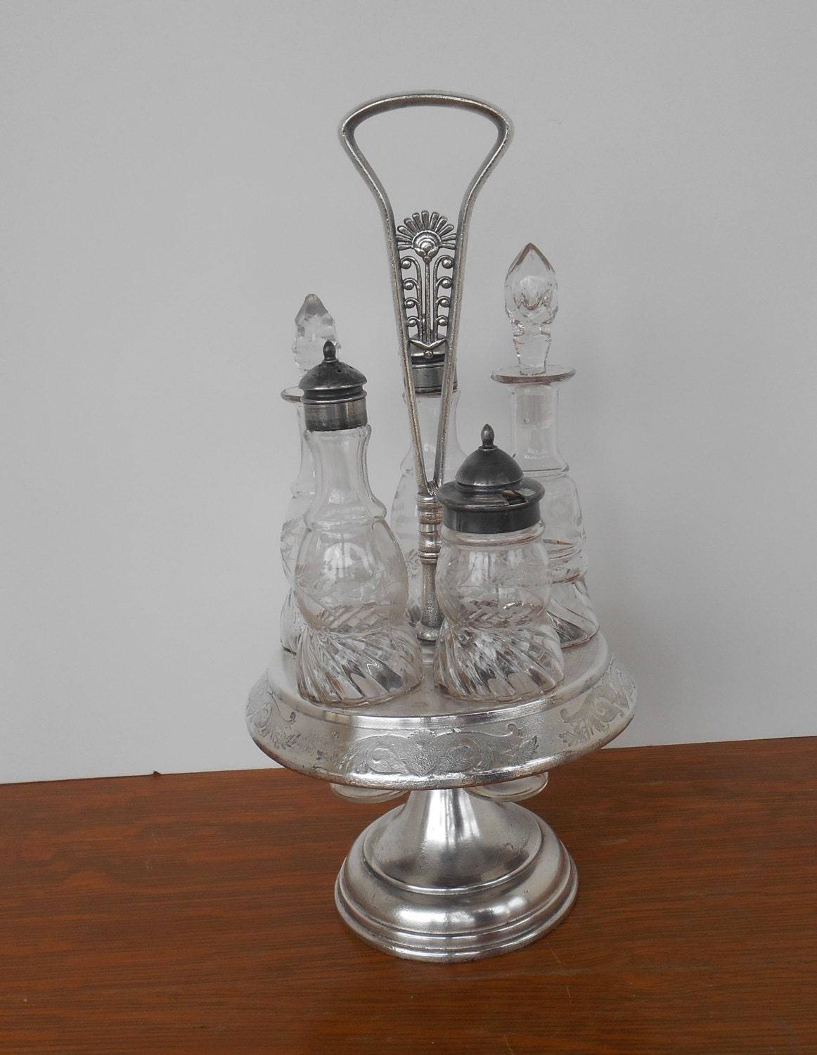 SALE Antique Cruet Set Silver Plate Stand with 5 Etched