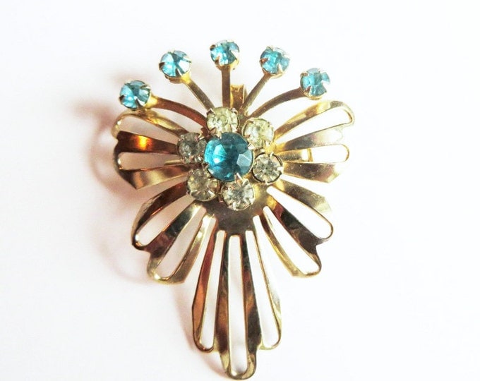 Vintage Rhinestone Pendant Brooch, Gold Tone Blue and White Rhinestone Flower Pin, Pendant