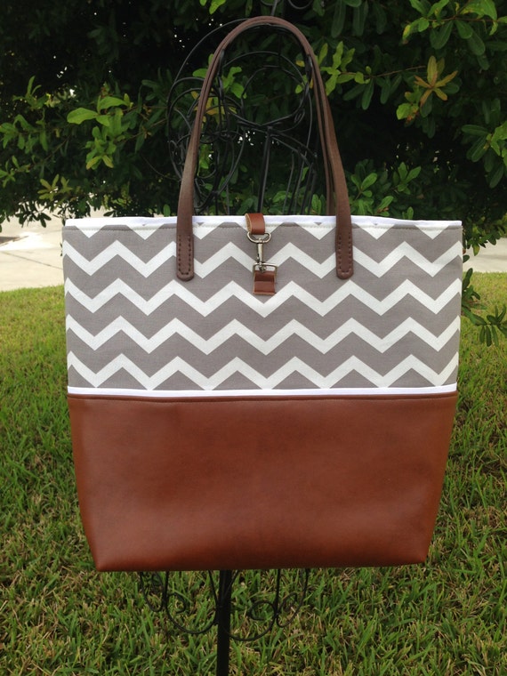 Chevron Leather Tote in Gray