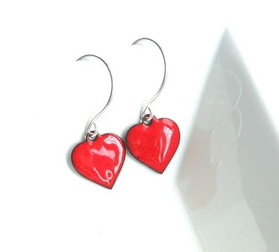Red Enamel Heart Earrings Red Heart Enamel Earrings by MaisyPlum