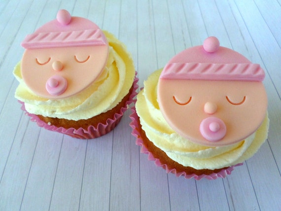 Baby Girl Shower Cupcake Fondant Toppers, Gender Reveal Party, Baby Shower Girl Decor, Pink Edible Toppers, Girl 1st Birthday Party - set 12 Il_570xn