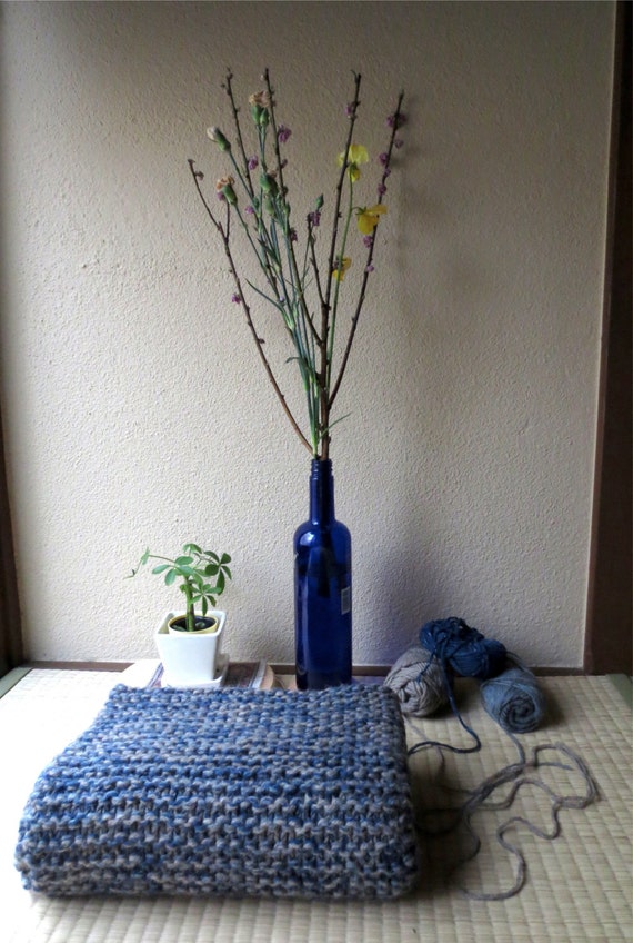 Indigo Grey and Oat Wool Chunky Knitted Throw Lap Rug by Mujostore