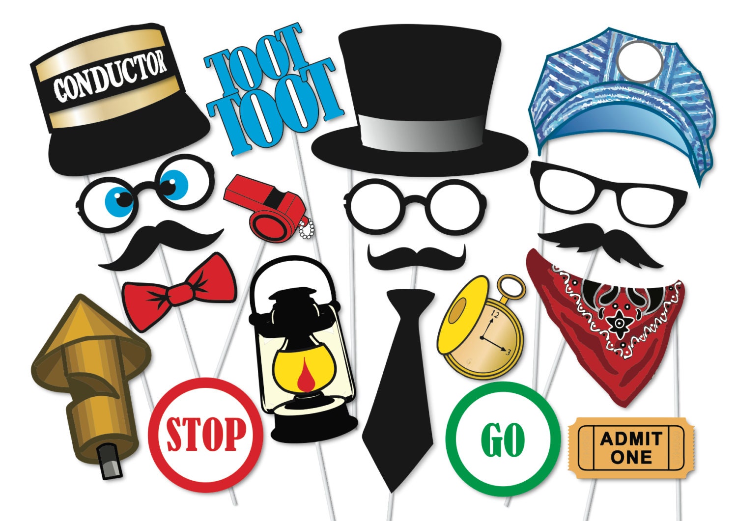 Train Photo booth Props Party Props Set Printable 20 Piece
