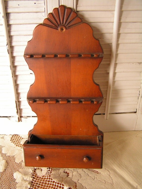 Vintage Wood Wooden Spoon Rack with Copper Lined Planter Hangs