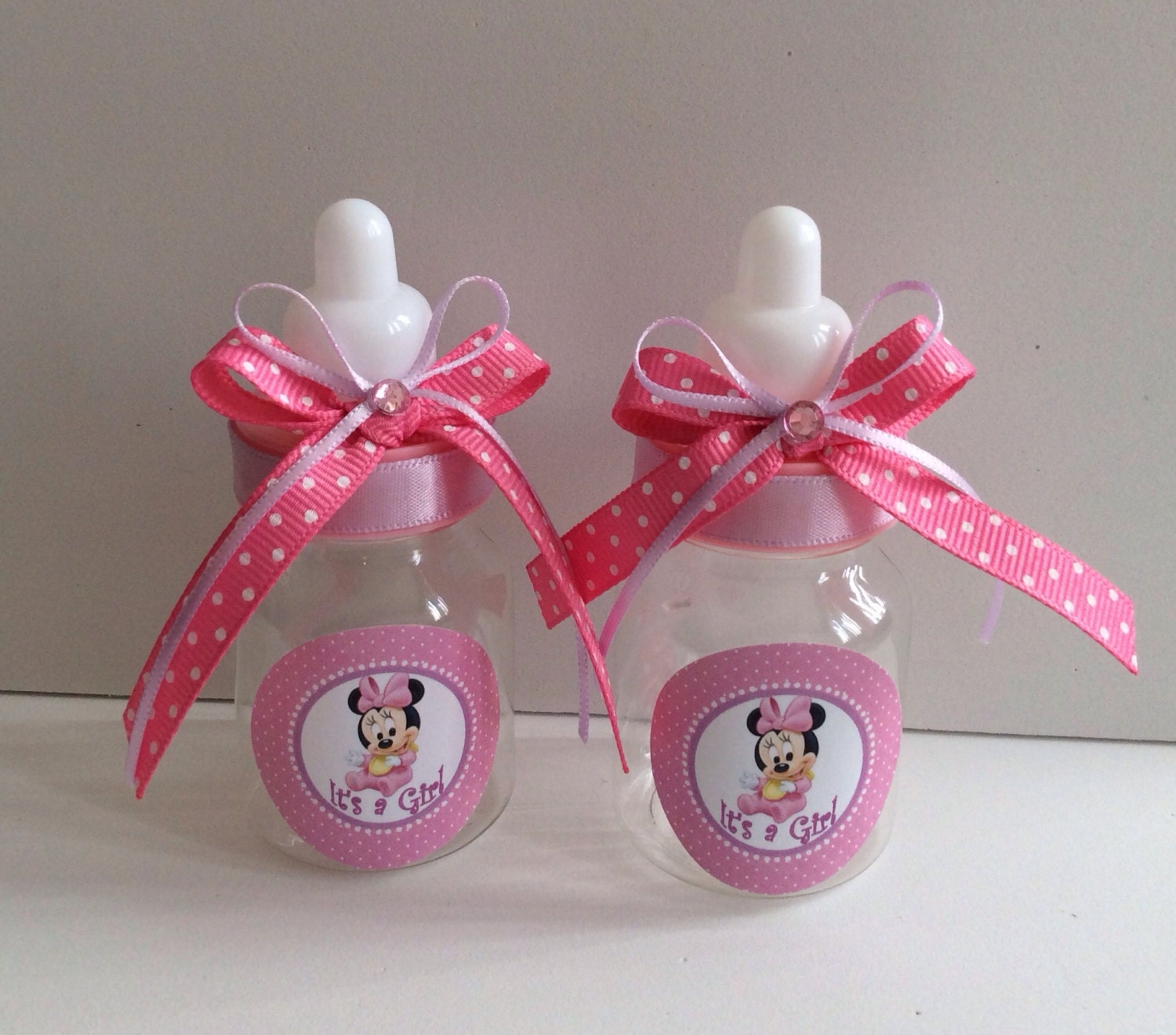 12 small 3.5 Minnie Mouse baby shower favors in pink and