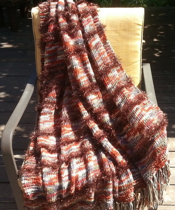 New Handmade Afghan Throw Blanket Sparkly Rust Slate Blue