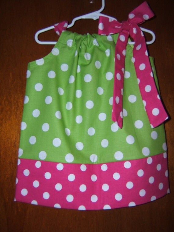 Girls Pillowcase Dress Lime Green Hot Pink Polka Dot