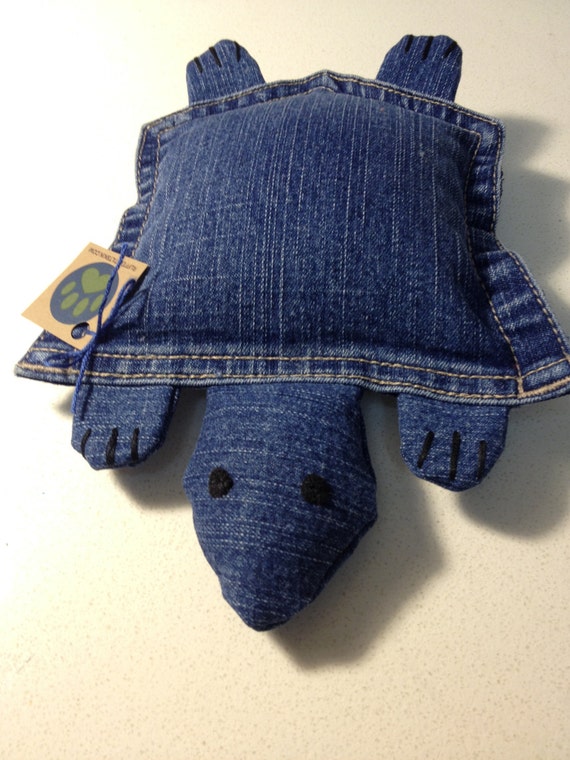 Upcycled Denim Pocket Turtle Plush Dog Toy Blue Medium