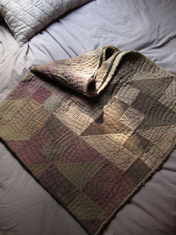Antique Wool Quilt / Brown and Plum Early Quilt / Patchwork