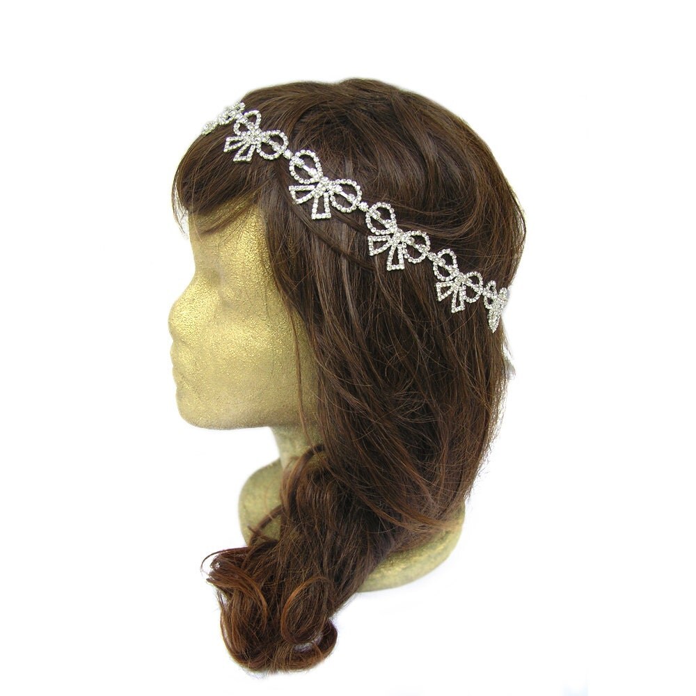 Rhinestone Bow Headband Bridal Chain Headpiece Great Gatsby