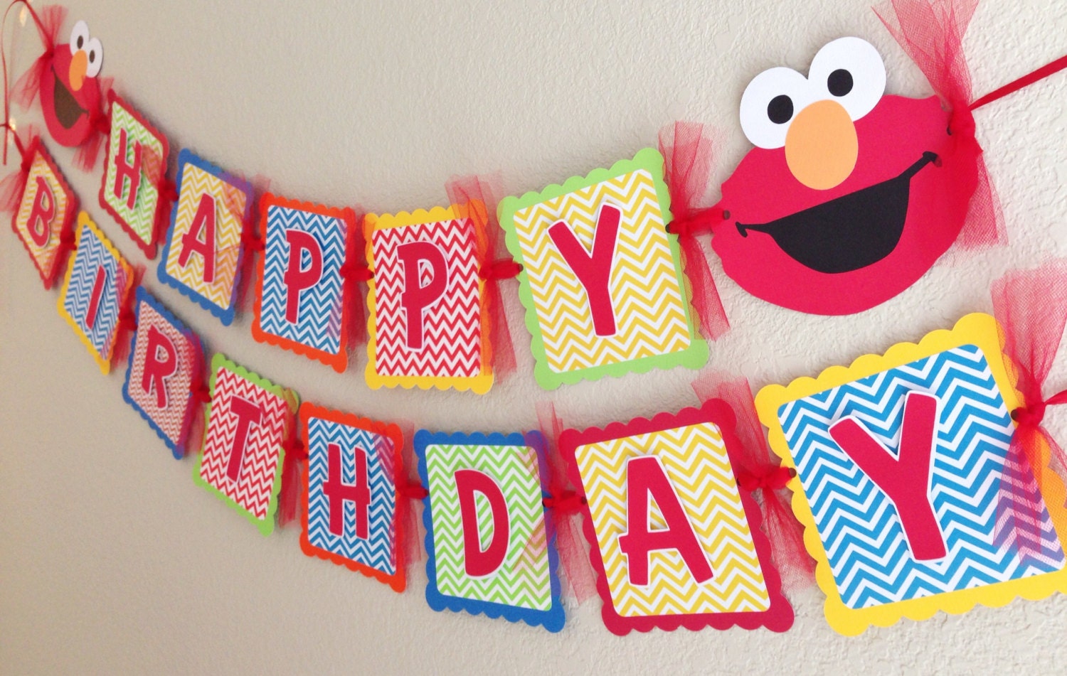 Elmo Birthday Banner Chevron boy party by CelebrationBanner