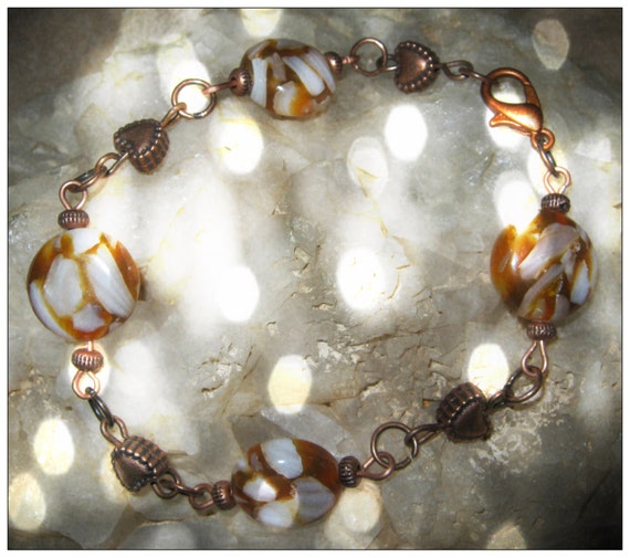 Handmade Copper Bracelet with Harlequin Agate Coins & Hearts by IreneDesign2011