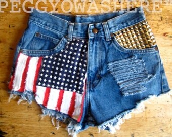 Vtg faded rag high waist Cut offs denim shorts Massive studs American Flag moto PEGGYOWASHERE design