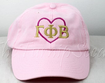 Gamma Phi Beta Sorority Baseball Cap - Pink Heart with Greek Letters