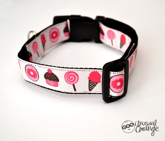 MEDIUM Strawberry Desserts Handmade Adjustable Dog Collar (size 32cm to 49cm)