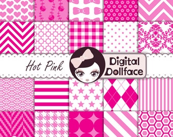 Hot Pink Digital Paper Set, Pink Scrapbook Paper Pack, Instant Download