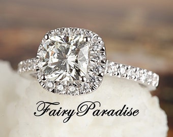 1 carat Halo Cushion Cut Engagement Ring, Man Made Diamond in 925 silver, Pave Band, Promise Ring - Free gift box ( FairyParadise )