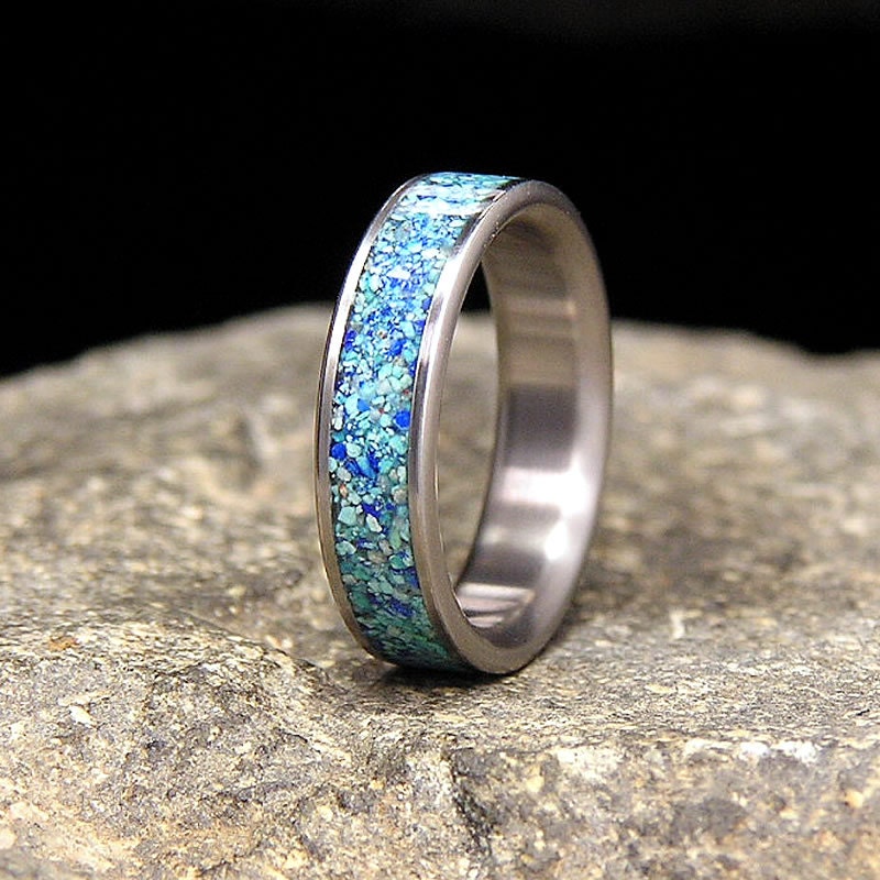 Azurite with a hint of Malachite Inlay Titanium Wedding Band