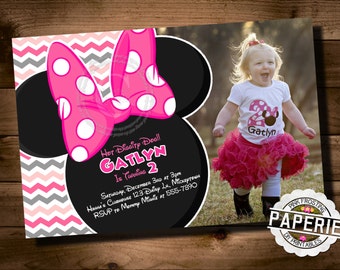 Pink CHEVRON MINNIE MOUSE Birthday Invitation, Minnie Mouse Party Ideas, Minnie Photo Invitation, Pink Frosting Paperie