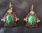 Bronze Synth. Malachite Earrings with Crystal Rhinestones