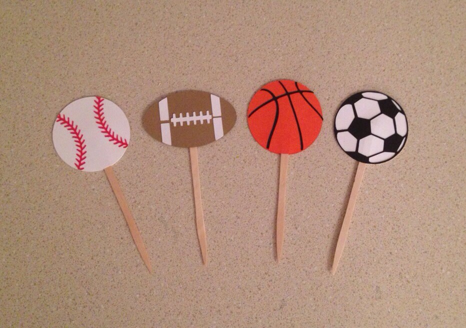 Sports Themed Cupcake Toppers. BambooMN 3.9" Decorative