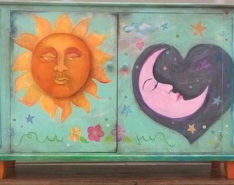 CUSTOM FURNITURE ART Dining Room Buffet Hand Painted Funky Whimsical Furniture Stars Suns Moons Kitchen Storage Hand Painted Furniture