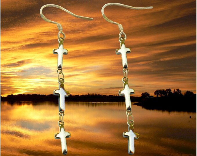 Tiny 1, 2 or 3 Cross Earrings Drop Dangle Silver or Gold Plate Womens Girls Wedding Christian Jewelry - Saint Michaels Jewelry
