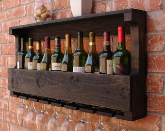 Rustic 10 Bottle Wall Mount Wine Rack with 8 Glass Slot Holder and Top Shelf
